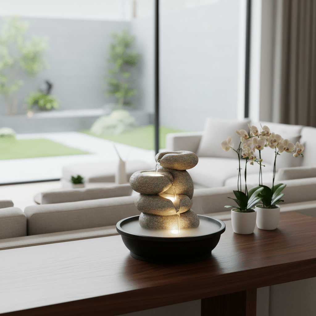 Stylish zen rock fountain on a wooden table, complemented by orchids, in a modern living room with garden view.