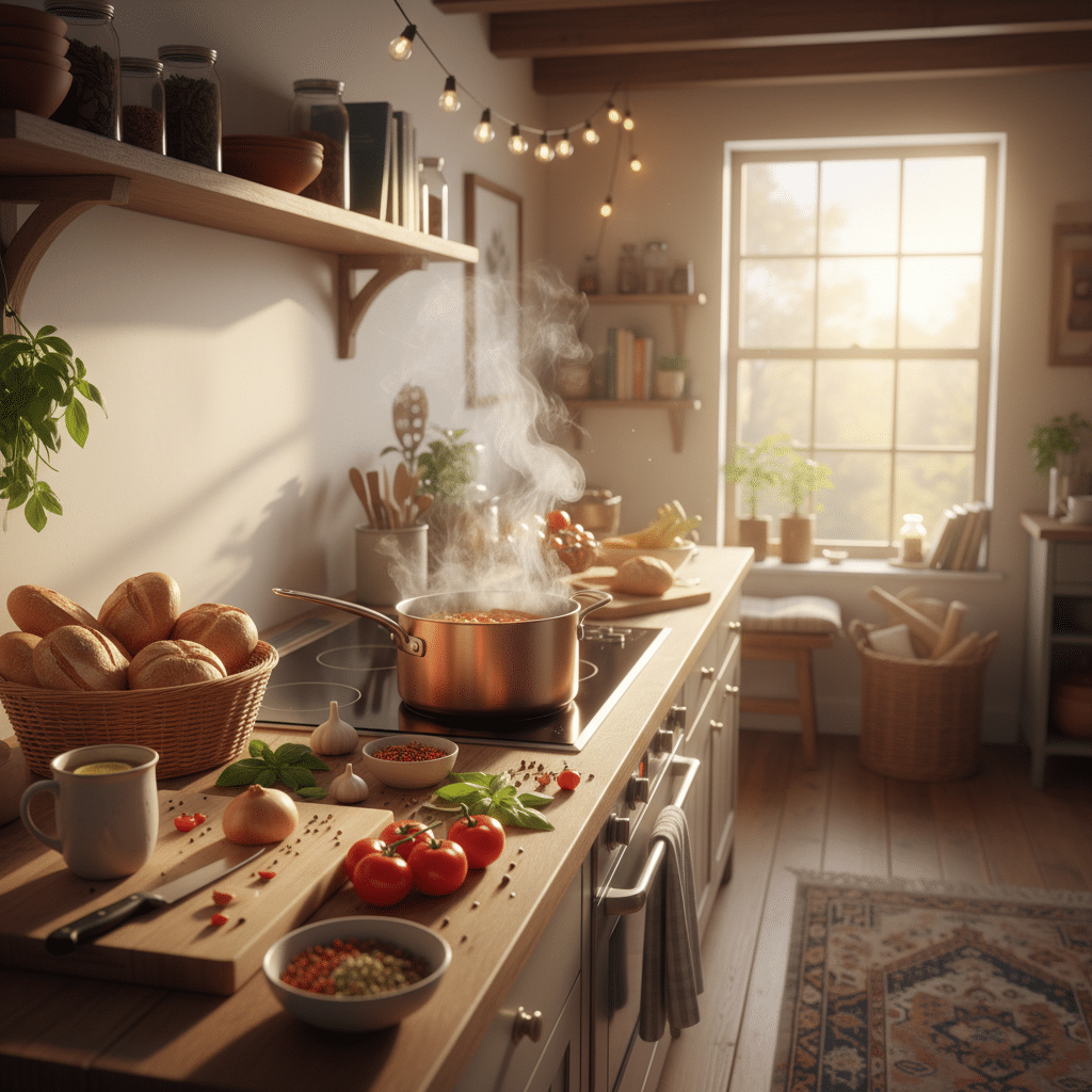 Cozy kitchen with steaming pot on stove, fresh ingredients, and warm sunlight streaming through the window.