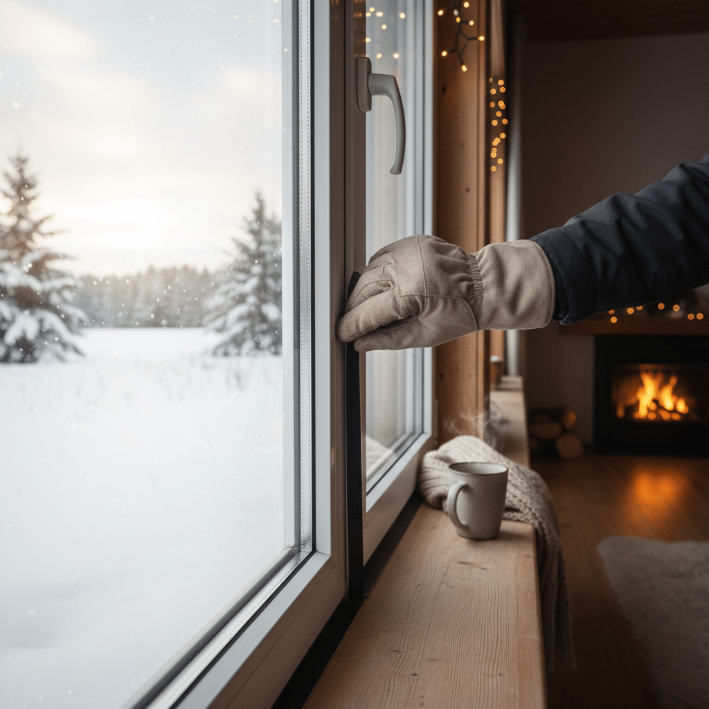 Gloved hand closing window in cozy cabin with fireplace and snow-covered landscape outside, enhancing winter warmth and comfort.