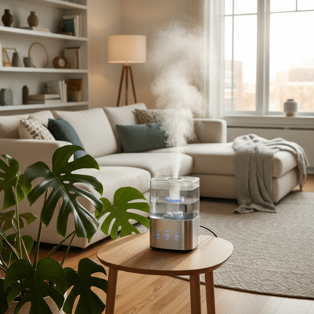 Modern living room with a humidifier on a wooden table, emitting mist, next to a green plant, beige sofa, and soft lighting.