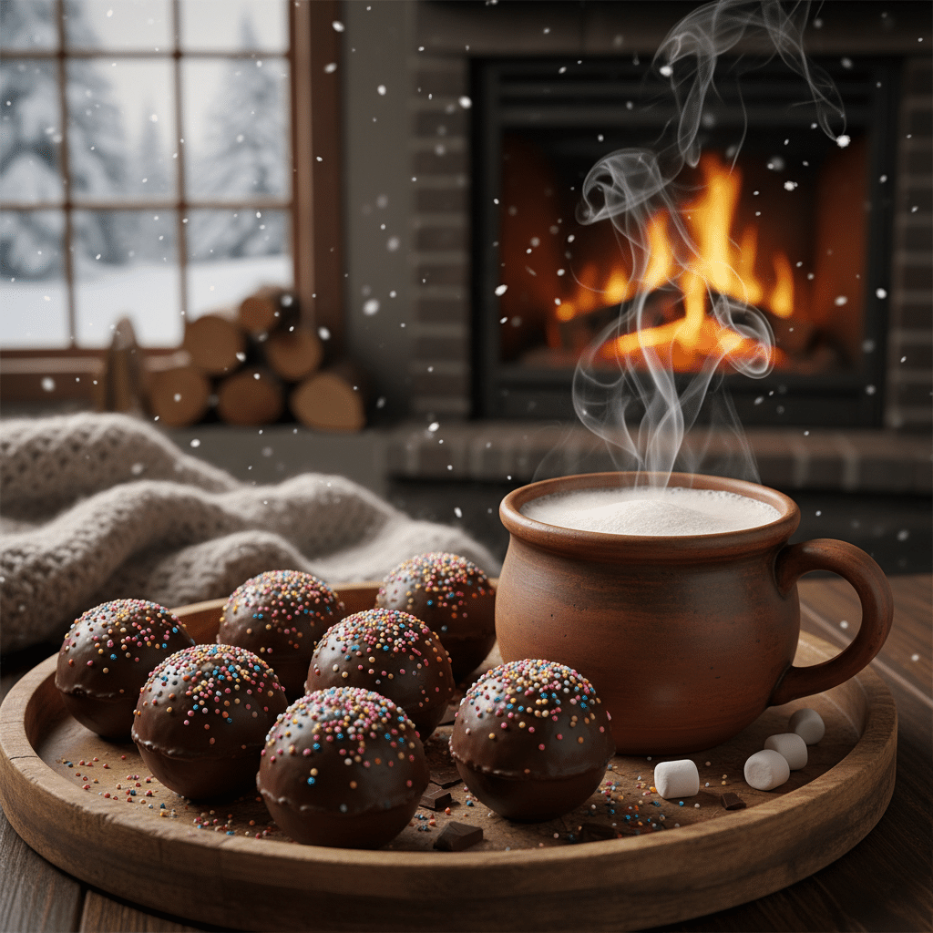 image - Handy Home Hot cocoa and chocolate treats by a cozy winter fireplace, creating a warm and inviting atmosphere. Perfect for holiday relaxation.