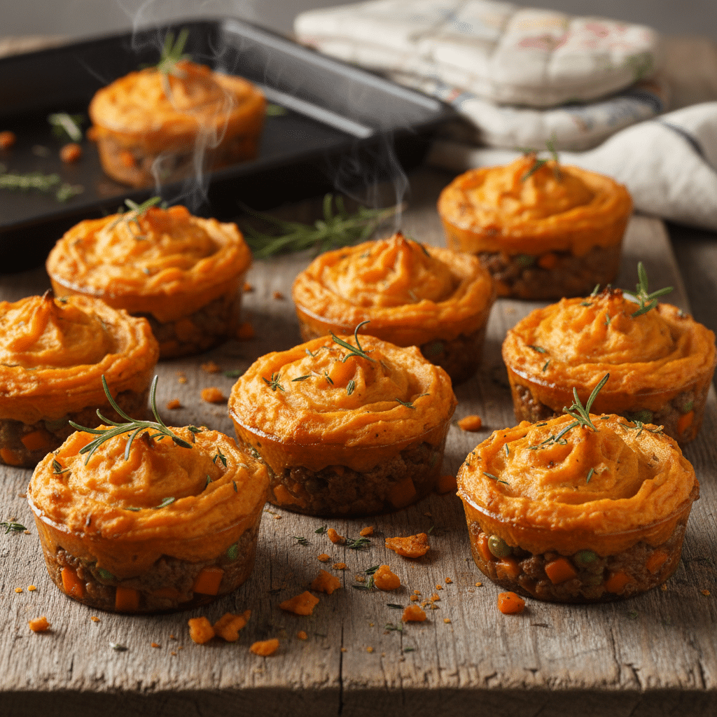 image - Handy Home Mini shepherd's pies with fluffy mashed potato tops, garnished with rosemary on a rustic wooden table, fresh and steamy.