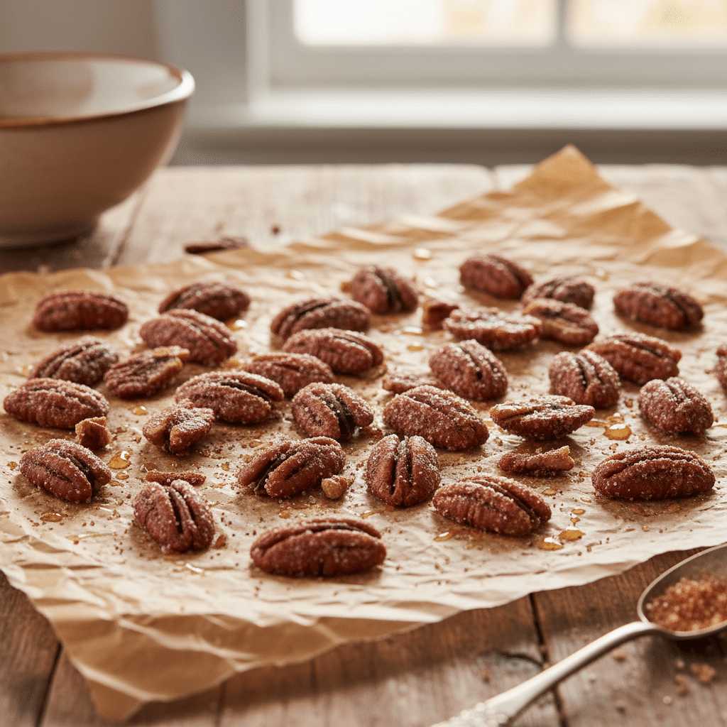image - Handy Home Candied pecans on parchment paper, with sugar and honey glaze, perfect for snacking or holiday treats.