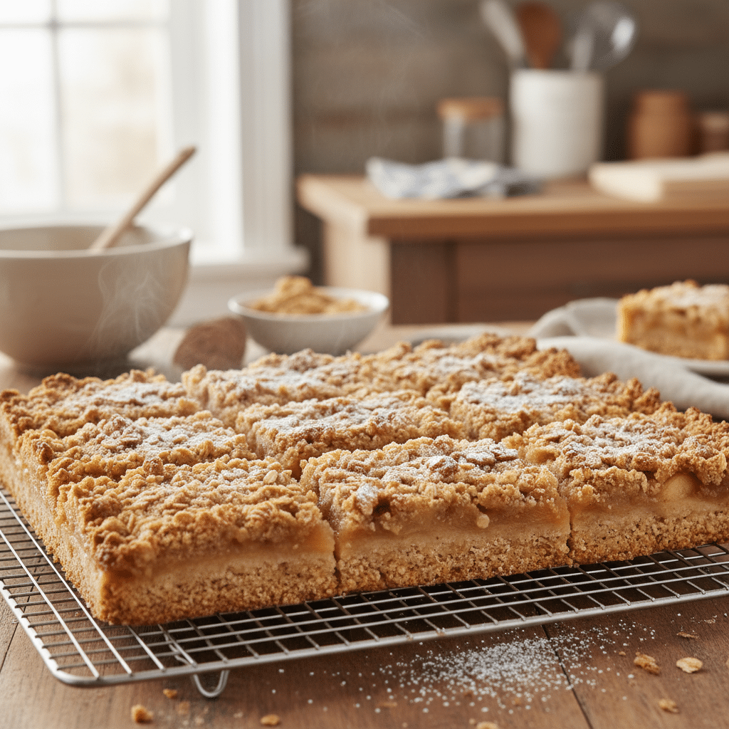 image - Handy Home Freshly baked apple crumble squares cooling on a wire rack in a cozy kitchen setting. Perfect dessert for autumn afternoons.