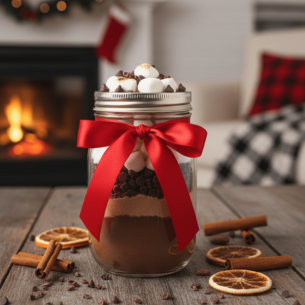 Festive hot cocoa jar with red ribbon, topped with marshmallows and chocolate, on a cozy table near a fireplace.