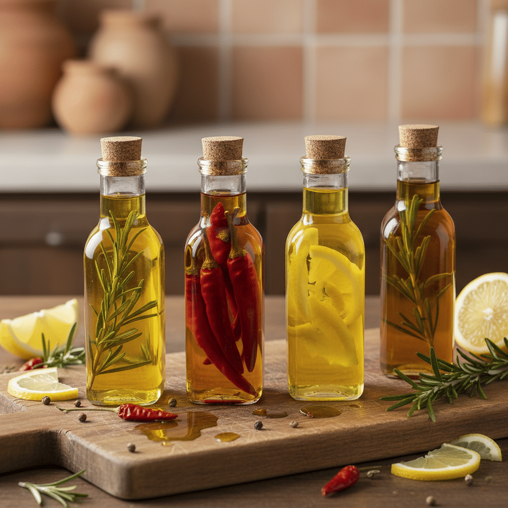 Bottles of flavored olive oil with rosemary, chili, lemon, and herbs on a wooden board, perfect for enhancing Mediterranean dishes.