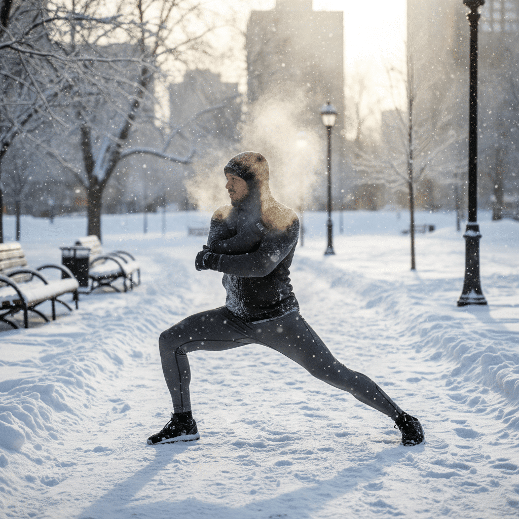 Man stretching in snowy park, warm breath visible. Winter workout, outdoor exercise, cold weather fitness, dedication to health.