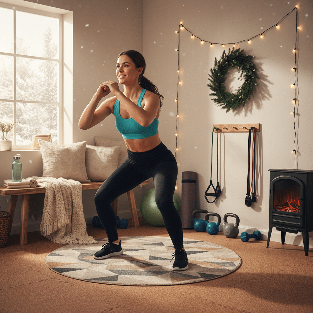 Woman doing a squat in a cozy, decorated home gym with yoga equipment and a snowy window view.