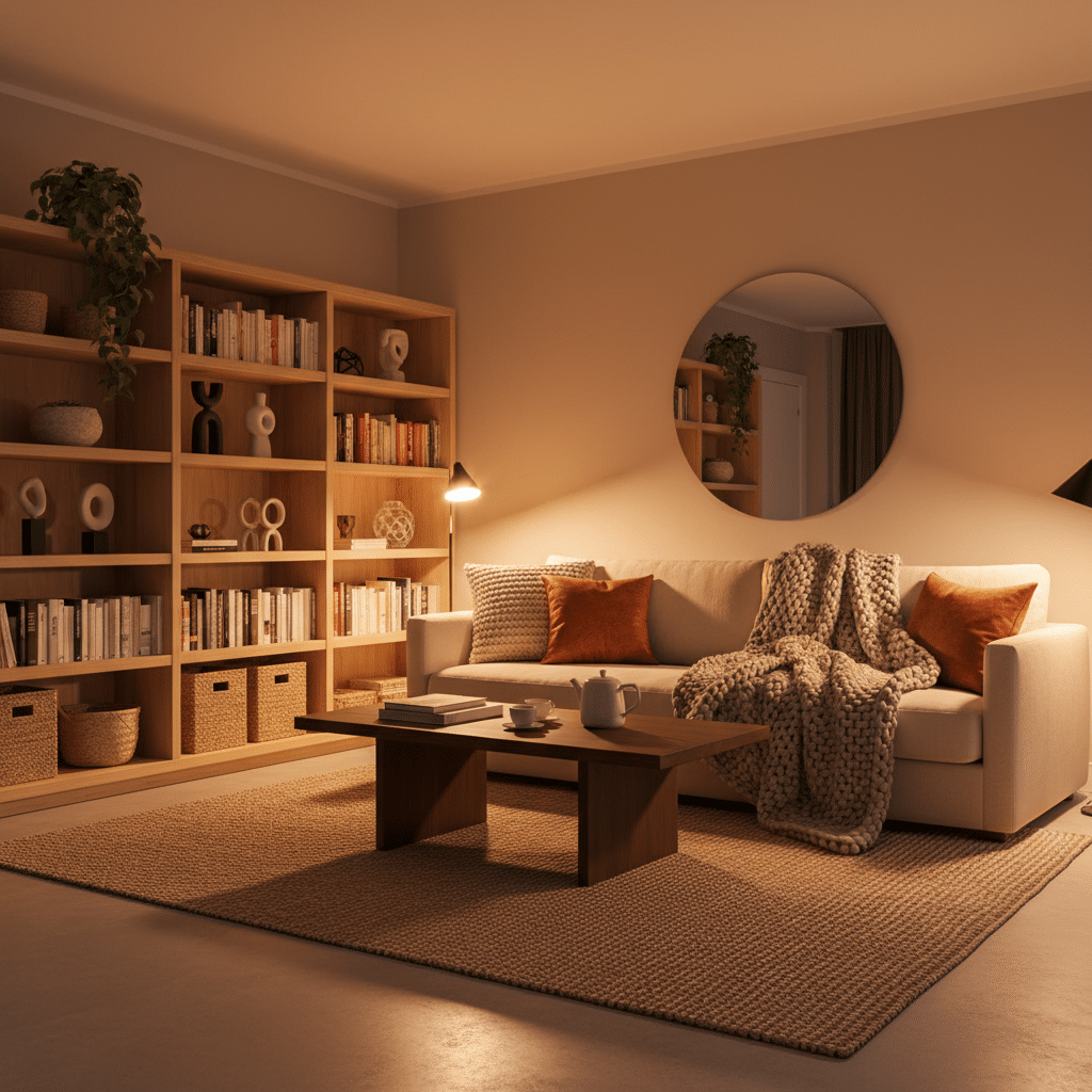 Cozy living room with beige sofa, orange cushions, knitted throw, wooden bookshelves, and ambient lighting for a warm ambiance.