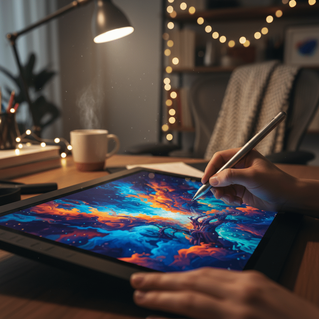 Person drawing vibrant digital art on a tablet in a cozy, well-lit workspace with a cup of coffee.