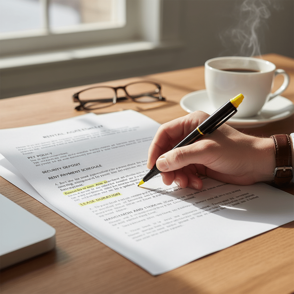 Hand highlighting rental agreement text at desk with coffee and glasses, emphasizing lease duration.