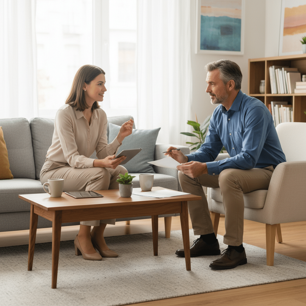 Two colleagues discussing business documents in a modern living room, with coffee cups and a tablet on the table.