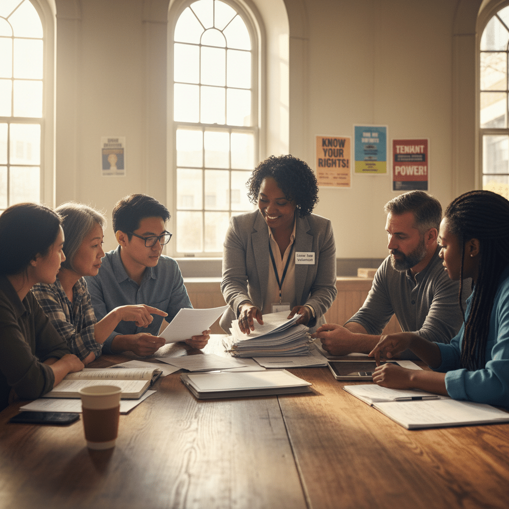 Group of diverse people discussing documents at a table in a well-lit room. Community meeting focused on rights and empowerment.