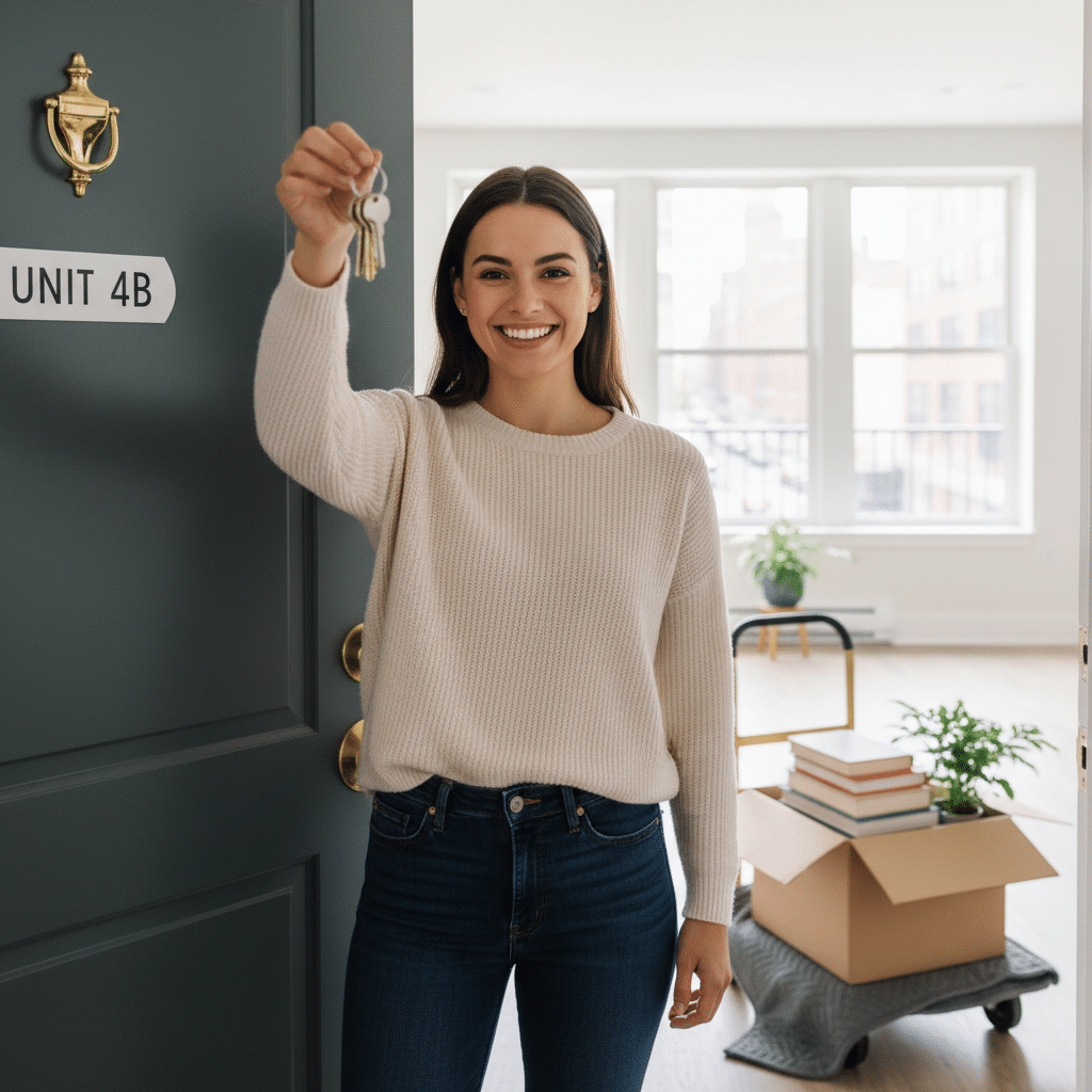 Smiling woman with keys, standing in front of unit 4B door, symbolizes moving into a new home or apartment.