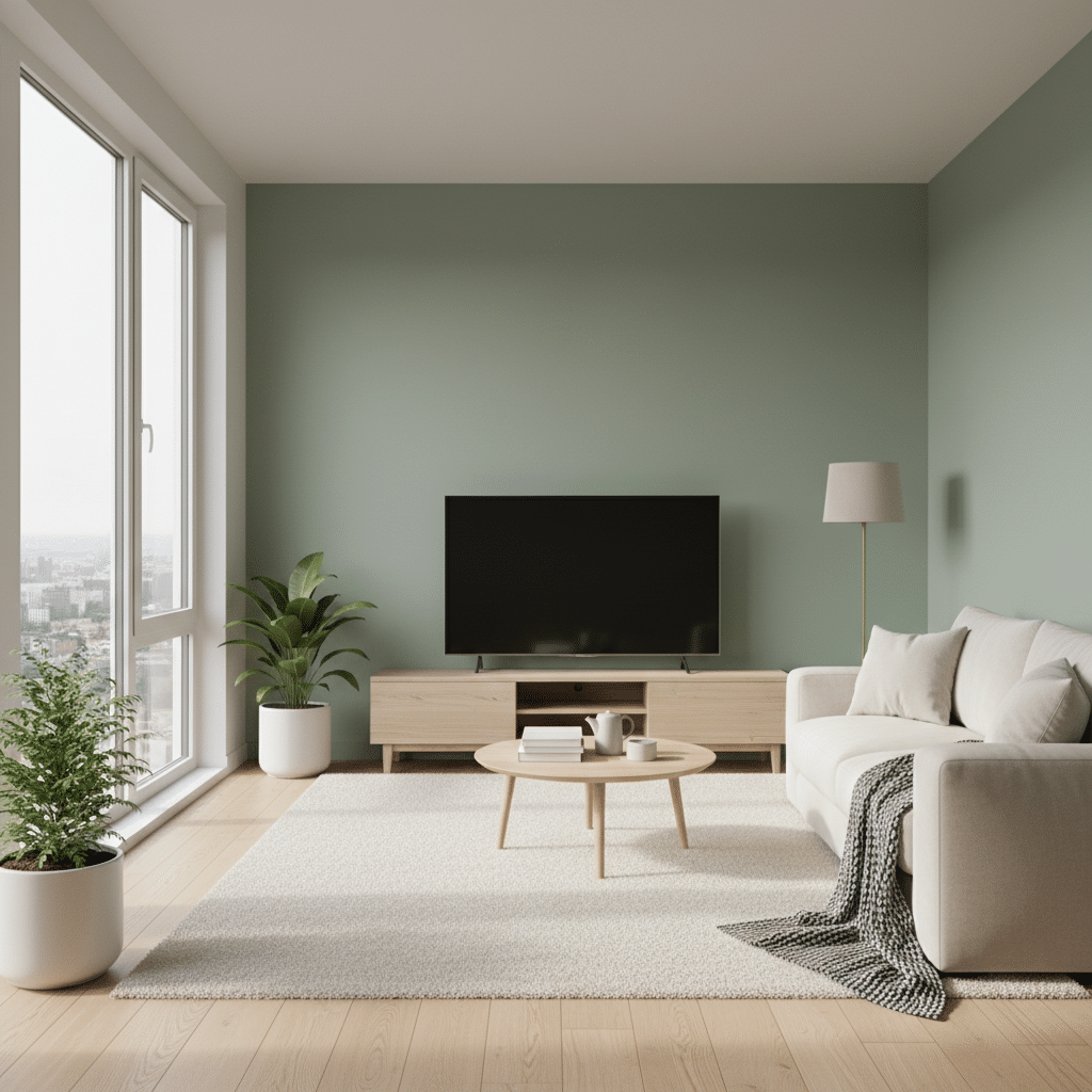 Modern living room with a cozy sofa, TV, coffee table, and plants by a large window. Minimalist decor with soft green walls.