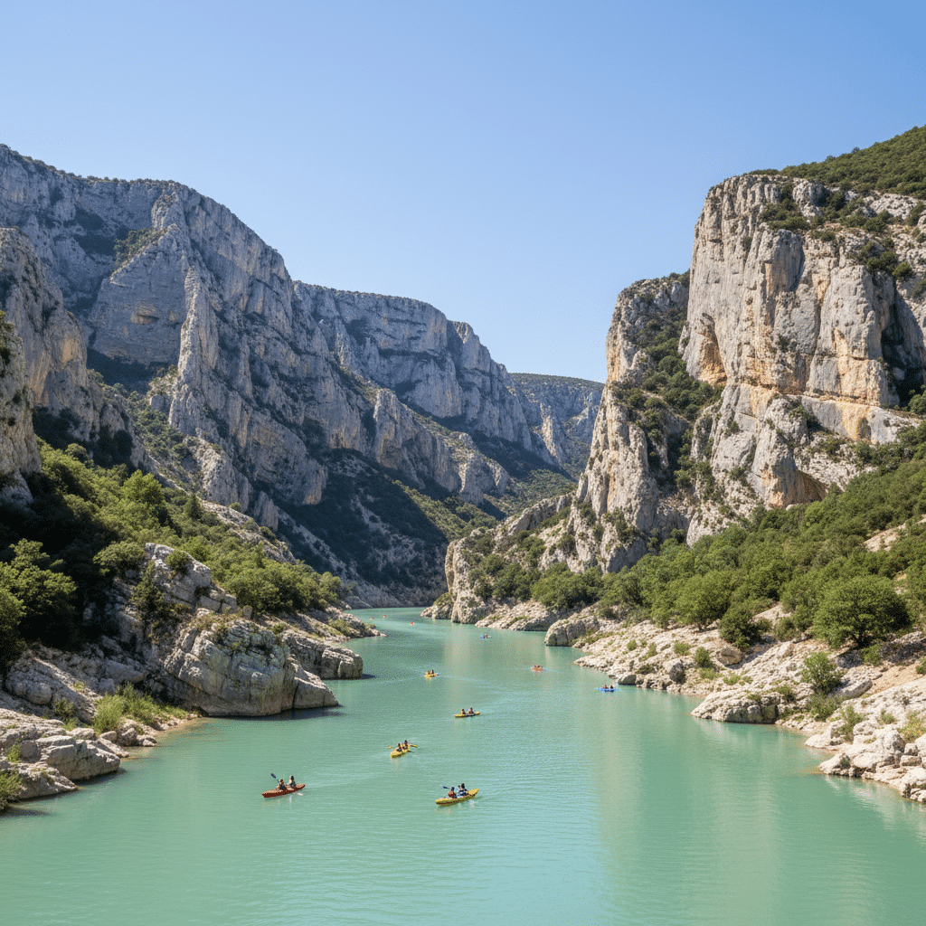 image - Handy Home Kayakers navigate turquoise waters between majestic cliffs under a clear blue sky in a scenic canyon adventure.