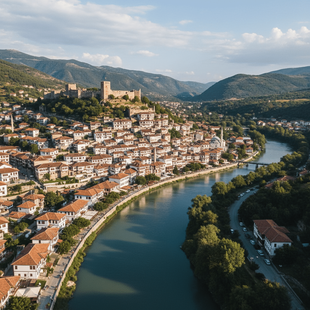 image - Handy Home Aerial view of a historic town with a castle, nestled in green hills by a winding river under a blue sky with clouds.