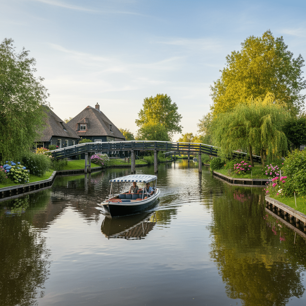 image - Handy Home Boat navigating a scenic canal in Giethoorn, Netherlands, with picturesque houses and a wooden bridge surrounded by lush greenery.