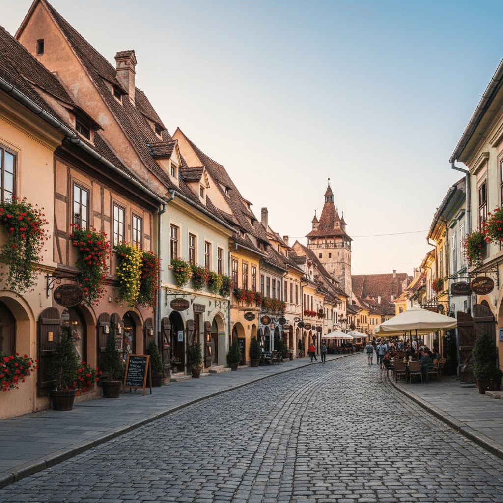 image - Handy Home Charming medieval street with vibrant flowers, outdoor cafes, and historic architecture under a clear blue sky.