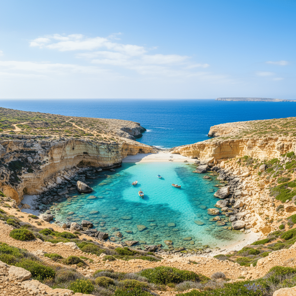image - Handy Home Scenic view of a secluded bay with turquoise waters, sandy beach, rocky cliffs, and small boats on a sunny day, ideal travel spot.