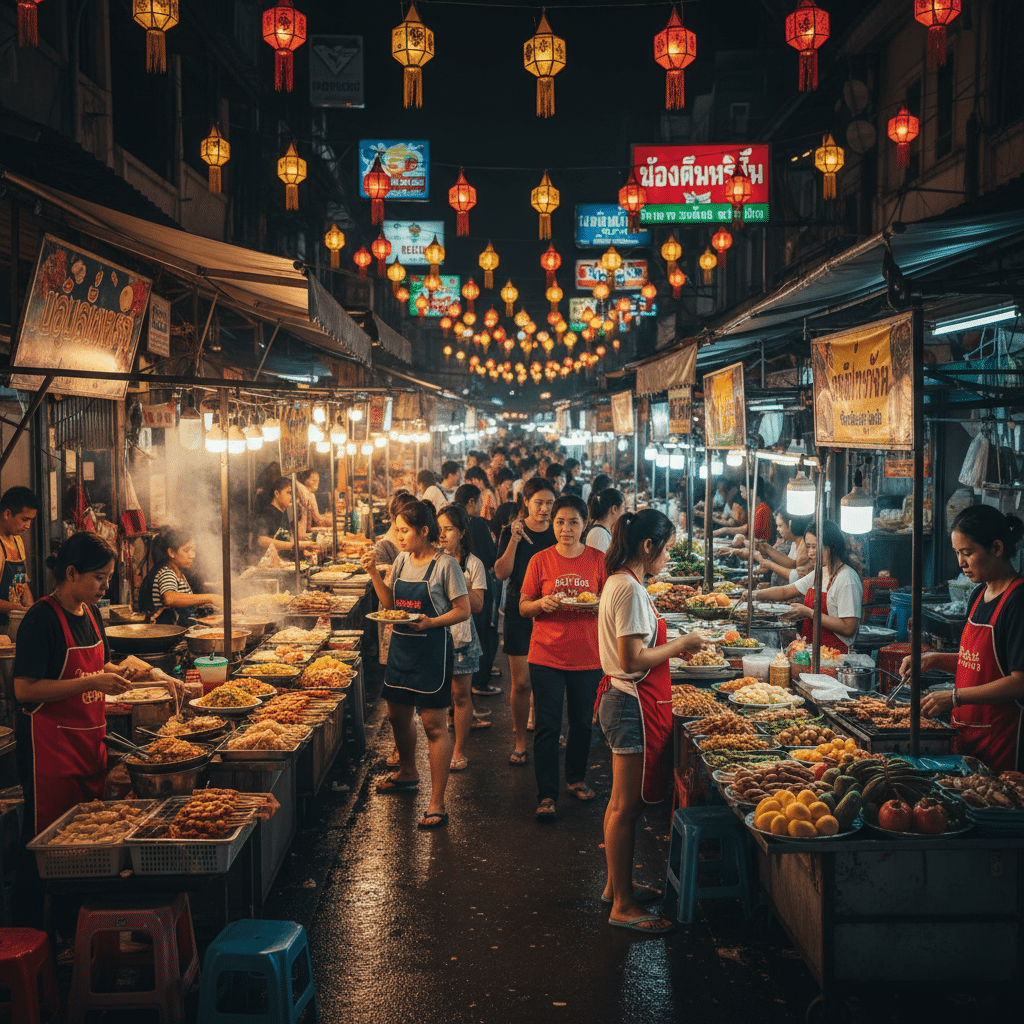 image - Handy Home Bustling night market street with vibrant food stalls and hanging lanterns, crowded with people experiencing local cuisine.