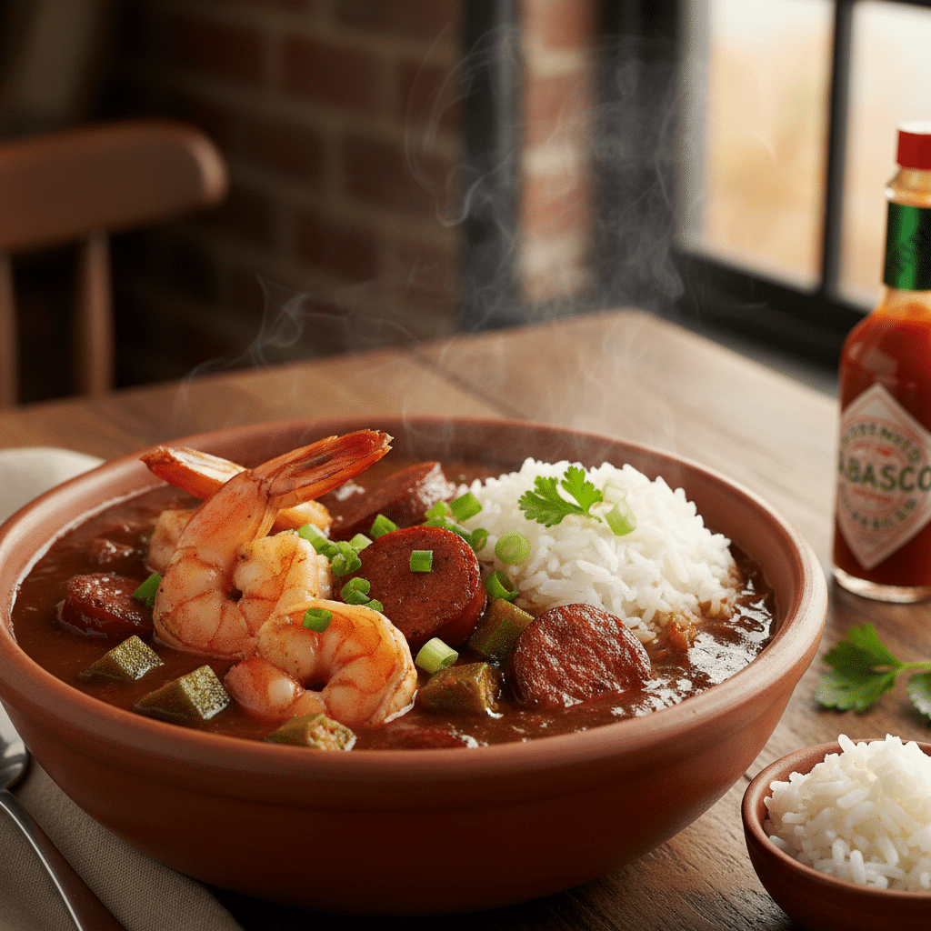 image - Handy Home Steaming shrimp and sausage gumbo with rice in a bowl, garnished with green onions, next to hot sauce bottle and small rice bowl.