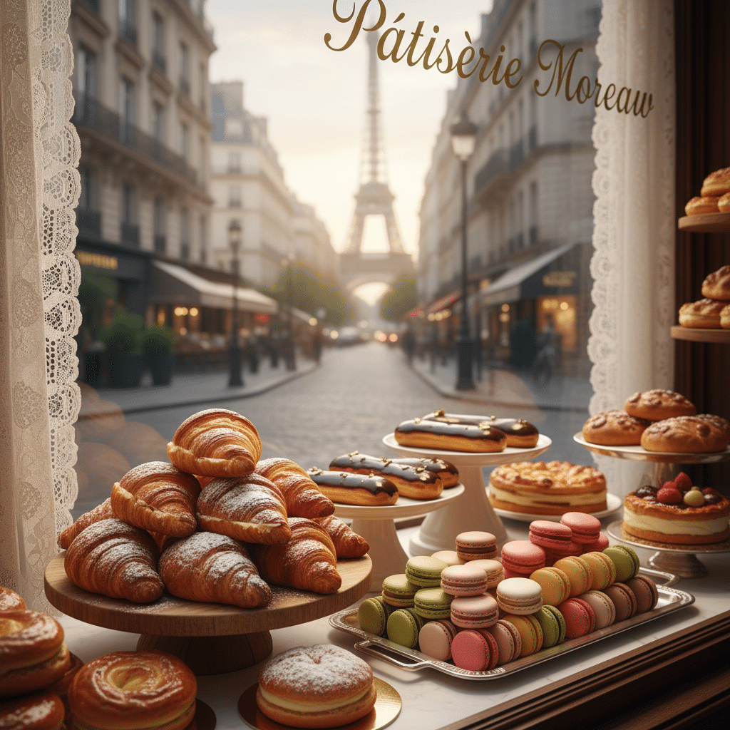 image - Handy Home Bakery delights at Pâtisserie Moreau with Eiffel Tower view; croissants, macarons, and pastries in Parisian charm.