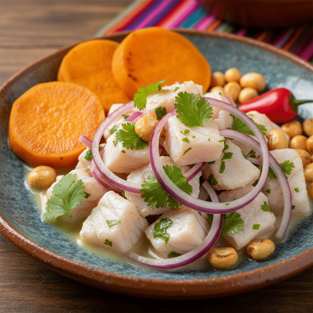 image - Handy Home Peruvian ceviche with fish, red onions, sweet potato, and cilantro on a blue plate, garnished with toasted corn.