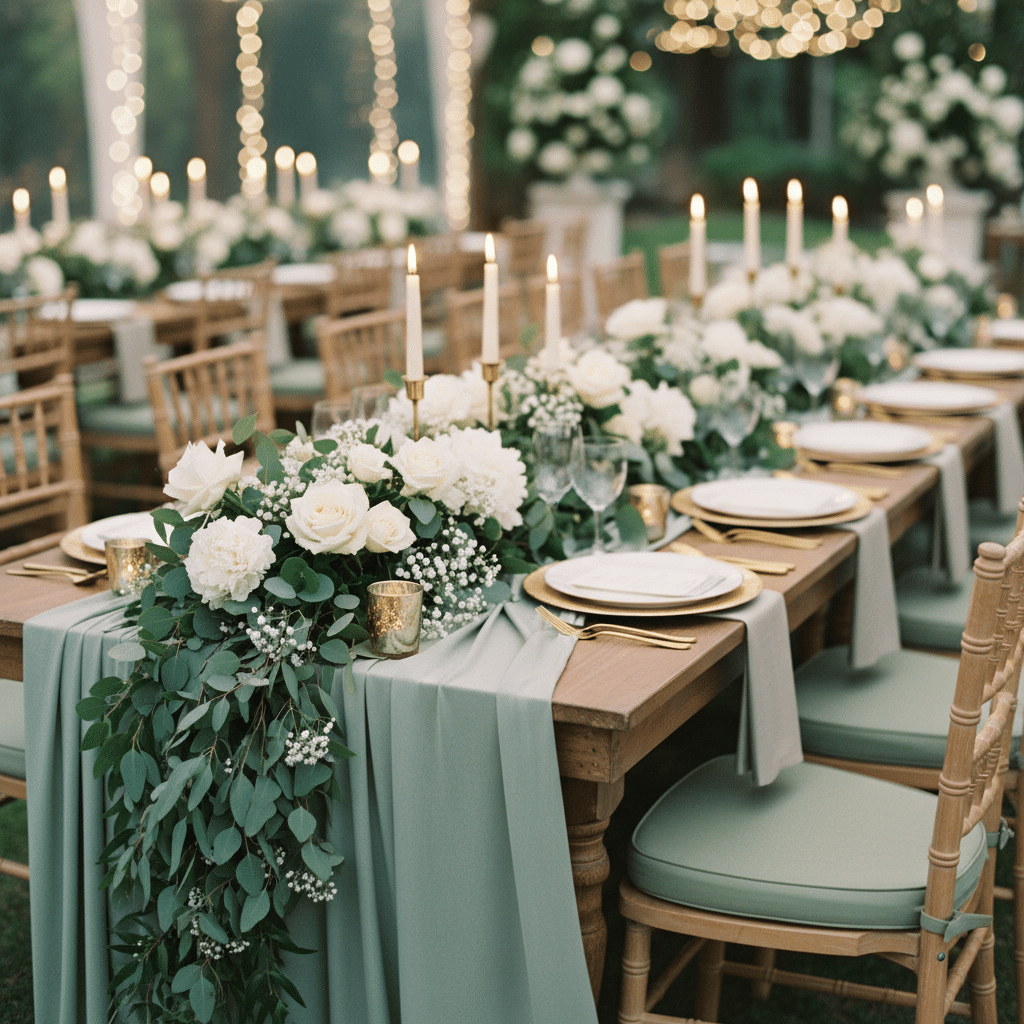 Elegant wedding table setting with white flowers, greenery, candles, and gold accents, creating a romantic ambiance.