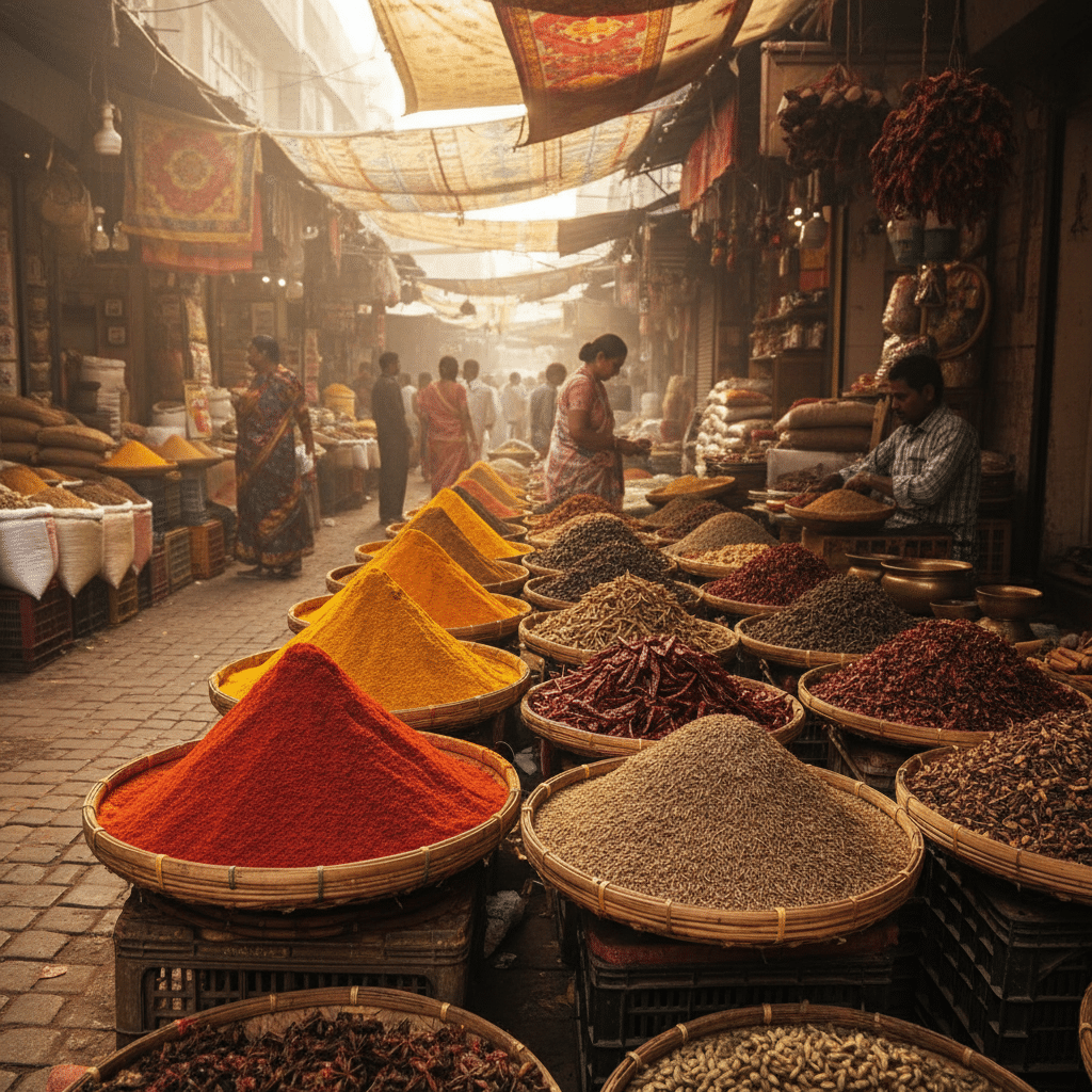 image - Handy Home Bustling spice market with colorful spices in baskets, vibrant fabrics, and people shopping in lively street stalls.
