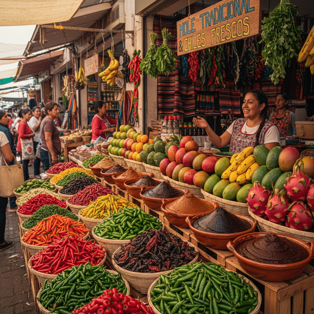 image - Handy Home Colorful Mexican market stand with fresh chiles, fruits, and traditional mole spices. Smiling vendor and bustling atmosphere.
