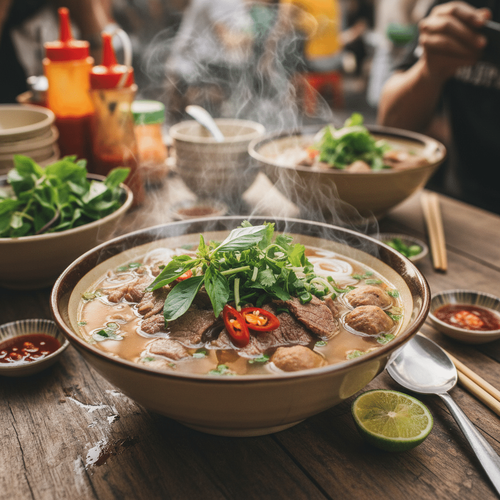 image - Handy Home Steaming bowl of Vietnamese pho with beef, herbs, and chili peppers, served with lime and sauces on a wooden table.