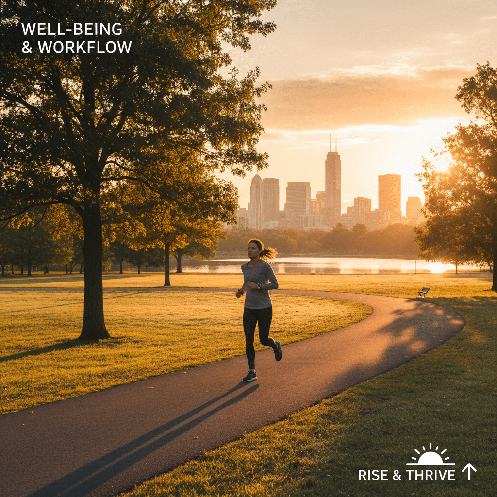 image - Handy Home Woman jogging in a park at sunrise with city skyline, promoting well-being and workflow balance. #Fitness #WellBeing #SunriseRun