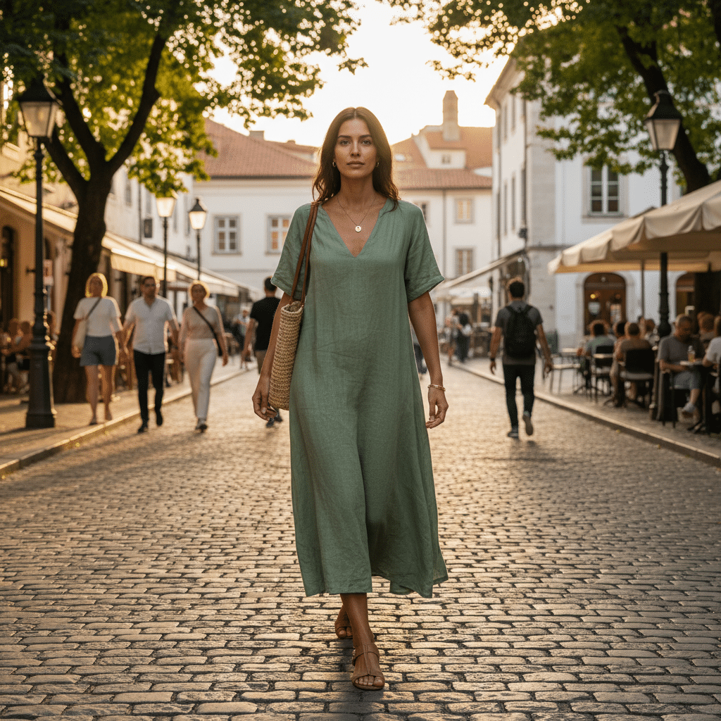 Woman in a green dress walking down a cobblestone street during sunset, surrounded by people and outdoor cafes.