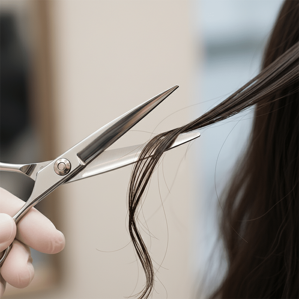 image - Handy Home Hair stylist cutting dark hair with scissors in a salon, close-up view. Haircut, haircare, and beauty services concept.