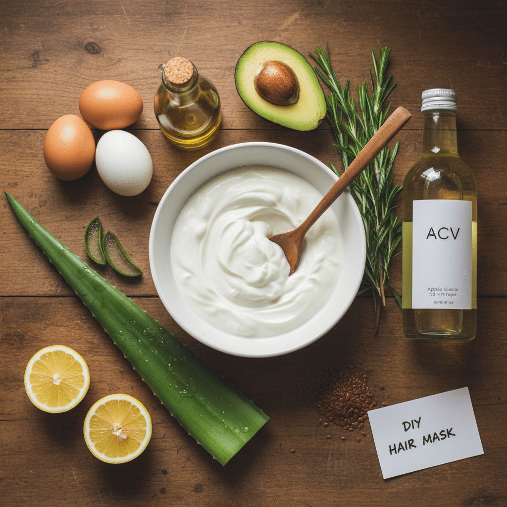 image - Handy Home DIY hair mask ingredients: yogurt, avocado, eggs, aloe vera, lemon, olive oil, ACV, rosemary. Natural hair care essentials.