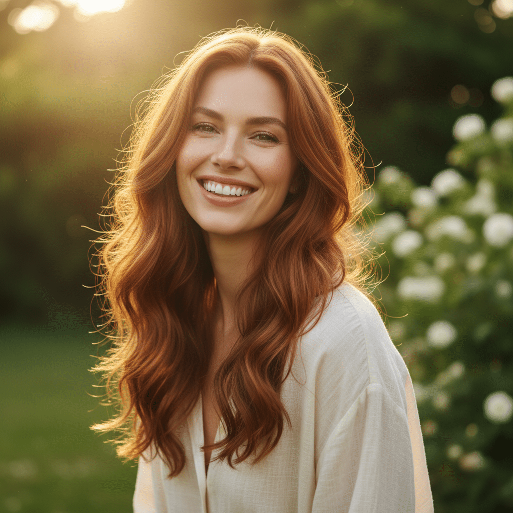 image - Handy Home Smiling woman with long red hair in a sunlit garden, wearing a white blouse, surrounded by greenery and flowers.