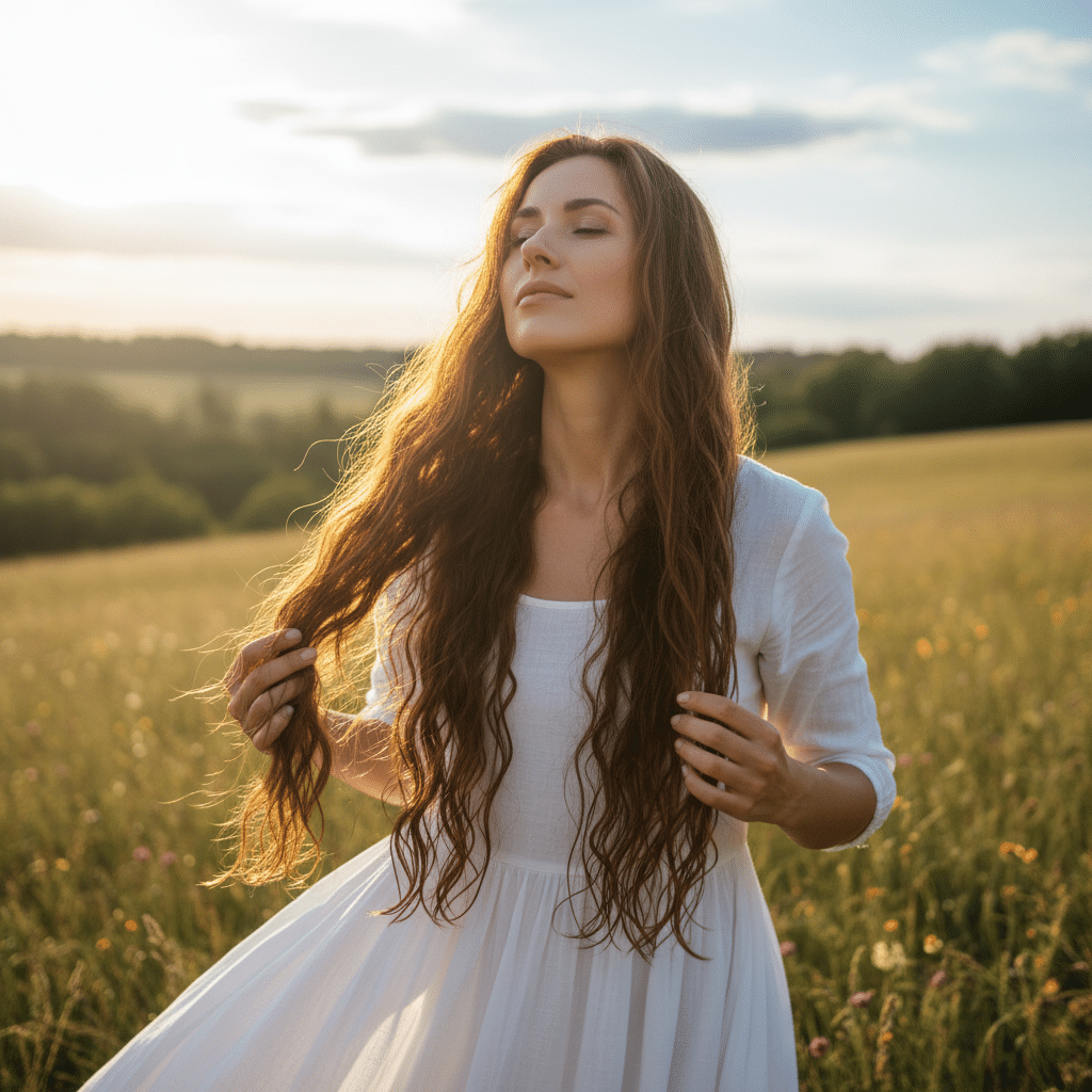 image - Handy Home Woman in white dress enjoying serenity in a sunlit meadow, eyes closed, embracing nature. Peaceful landscape background.