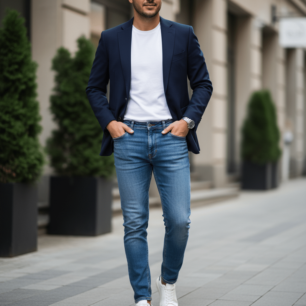 Man in casual outfit with blue blazer and jeans walking on a city street. Fashionable, urban style look.