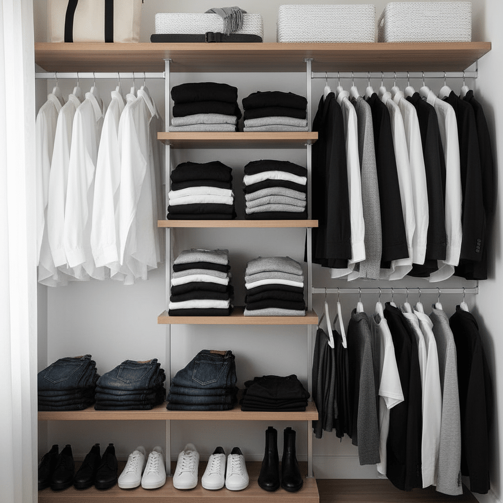 Minimalist organized closet with white, gray, and black clothing neatly arranged on hangers and shelves, plus shoes.