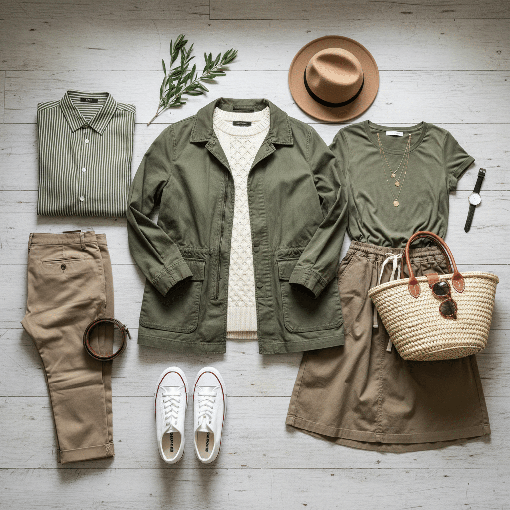 Flat lay of a stylish olive and beige outfit with shoes, hat, and accessories on a wooden floor. Perfect for a casual chic look.
