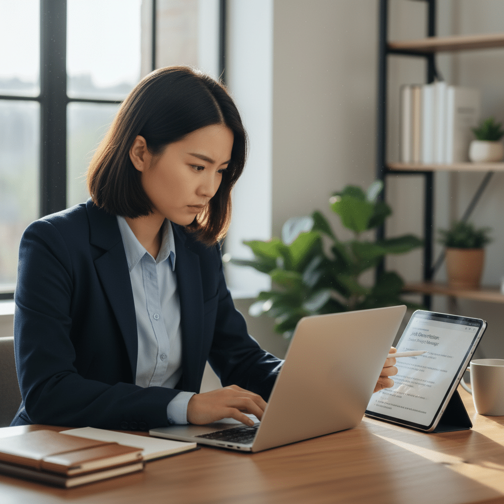 image - Handy Home Businesswoman focused on work, using a laptop in a modern office, surrounded by plants and documents. Productivity and concentration concept.