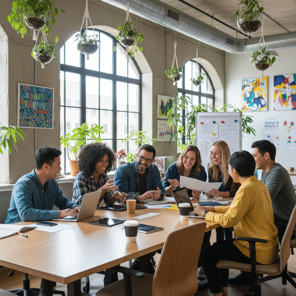 image - Handy Home Team collaborating in a modern office with vibrant decor, plants, and natural light, fostering creativity and productivity.