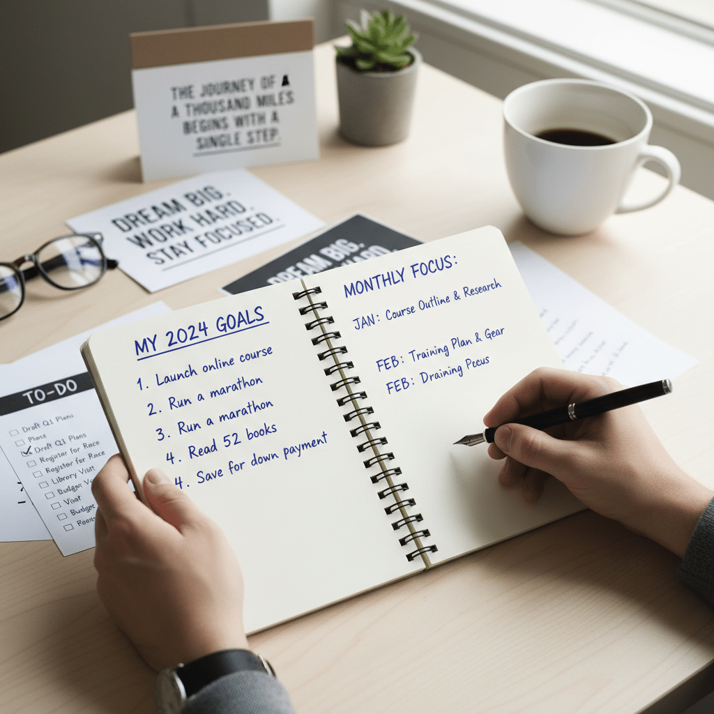 image - Handy Home Notebook with 2024 goals and monthly focus, including launching a course, running a marathon, and reading 52 books.