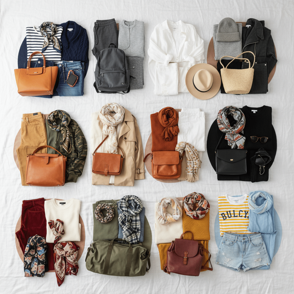 Flat lay of stylish autumn outfits with accessories, including bags, scarves, and hats, arranged on a white background.