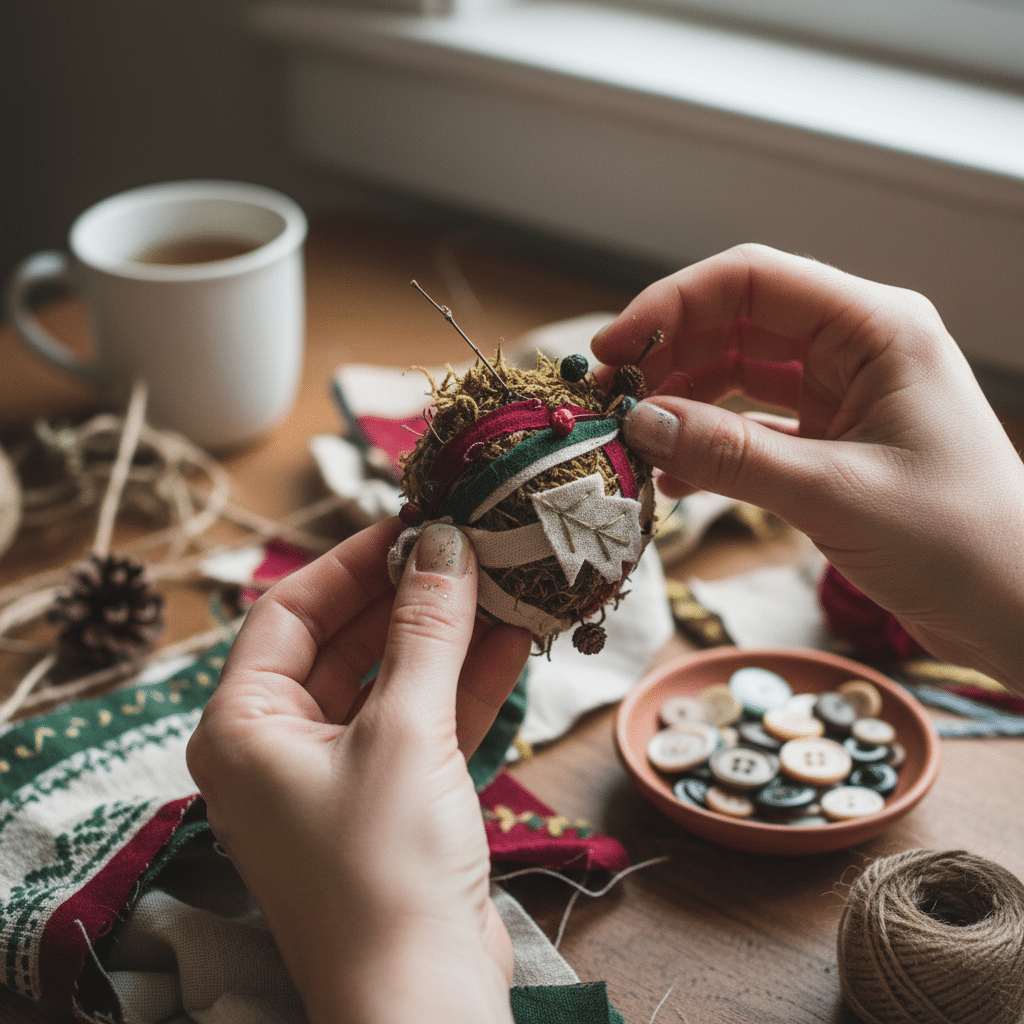 image - Handy Home Hands crafting a festive ornament with fabric and buttons. DIY Christmas decoration project on a wooden table with a cup of tea.