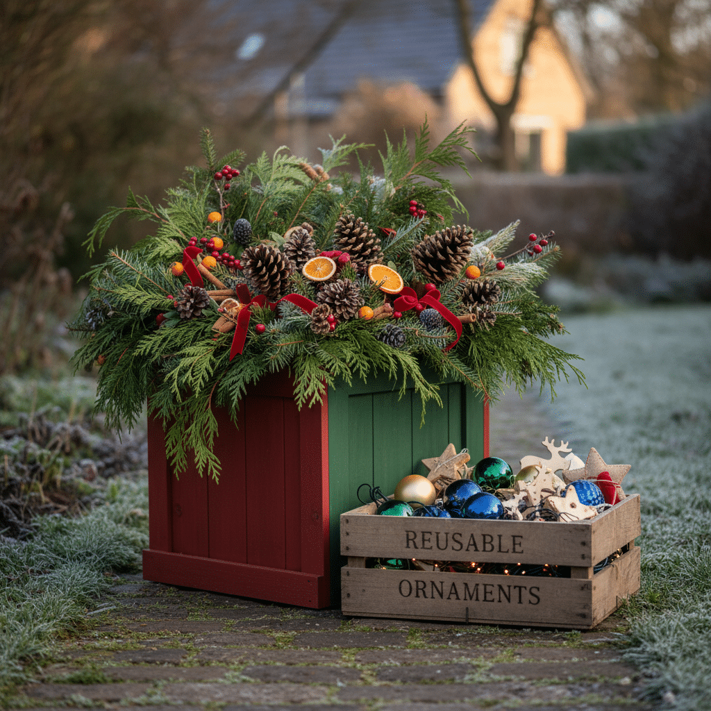 image - Handy Home Festive green and red holiday planter with pinecones, berries, and citrus, beside a box of reusable Christmas ornaments.