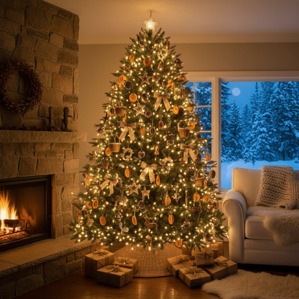 image - Handy Home Cozy Christmas scene with decorated tree, gifts, and fireplace, snowy landscape visible through window.