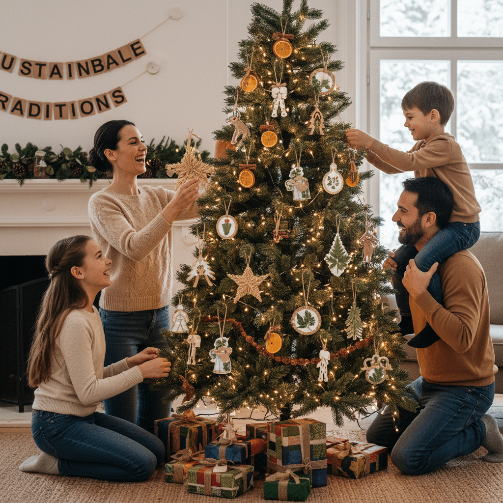 image - Handy Home Family decorating a Christmas tree with sustainable ornaments, surrounded by gifts, creating joyful holiday memories indoors.