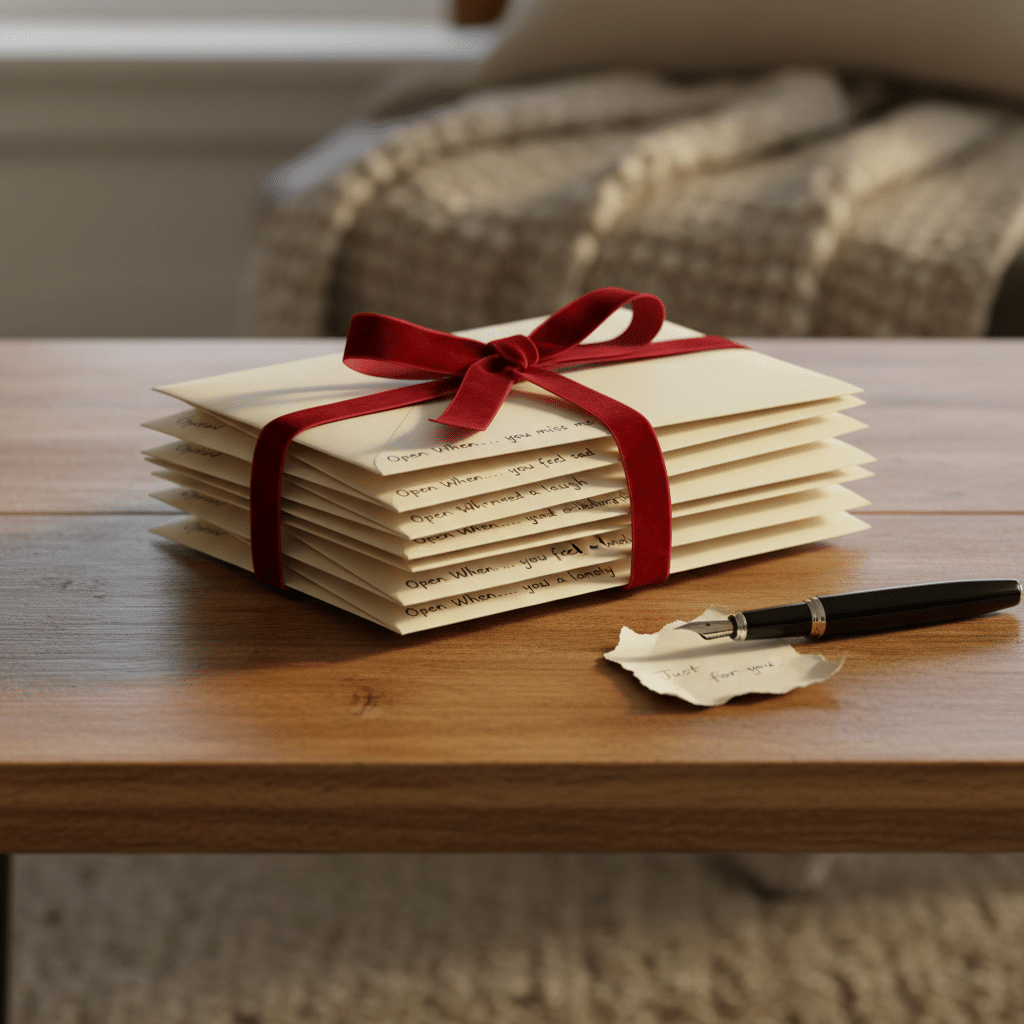 Stack of letter envelopes tied with a red ribbon on a wooden table, accompanied by a pen and a note reading Just for you.